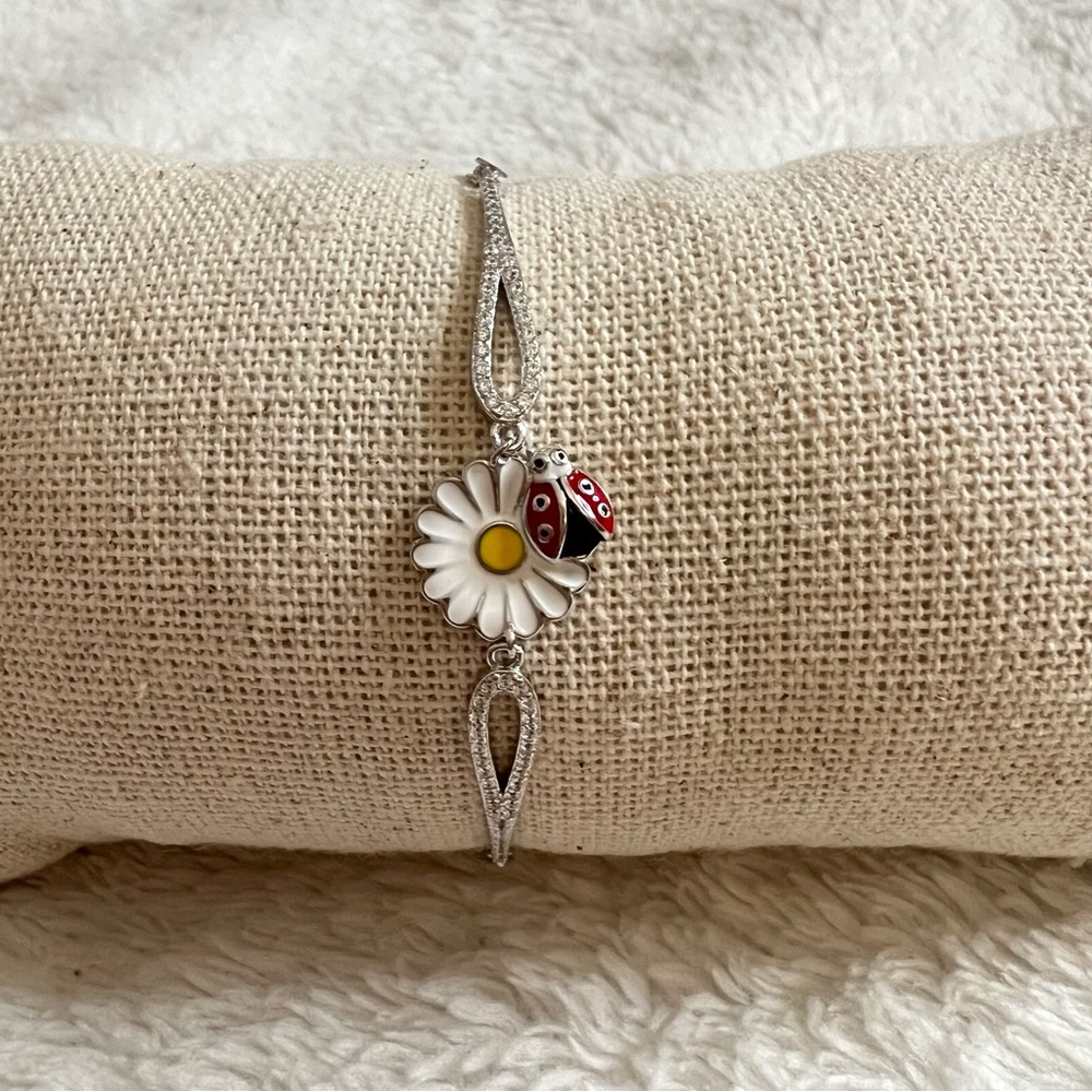 Daisy Lady Bug Bracelet 925 Real Silver Charm Jewelry Gift For Women Valentines